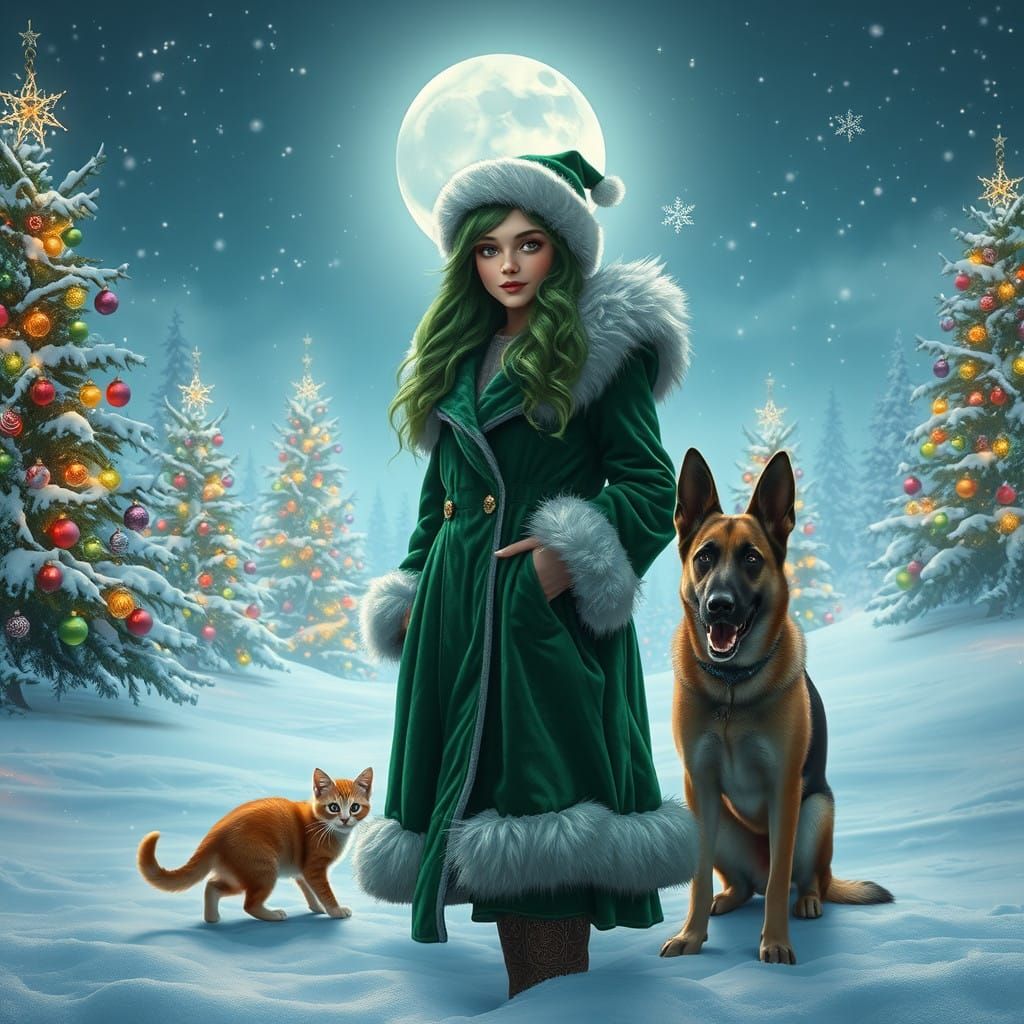 Winter Wonderland Enchanted Scene with Radiant Woman and Pet...