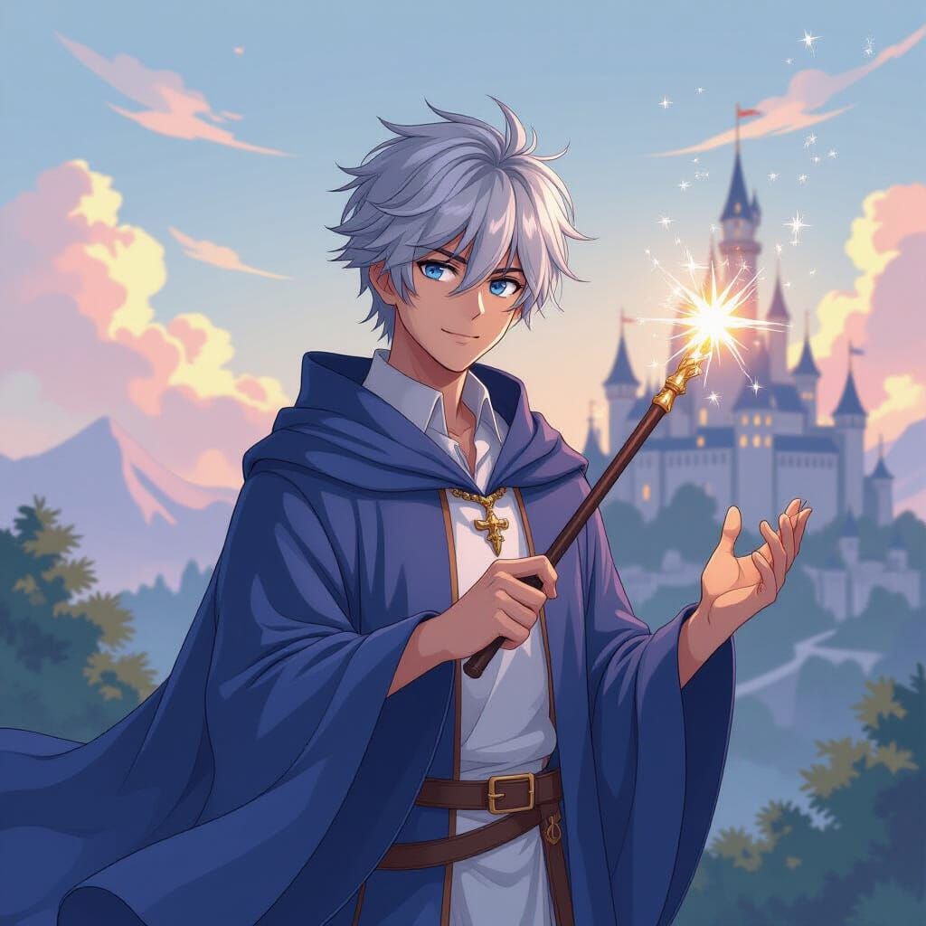 Young Mage with Wand in Manga Style