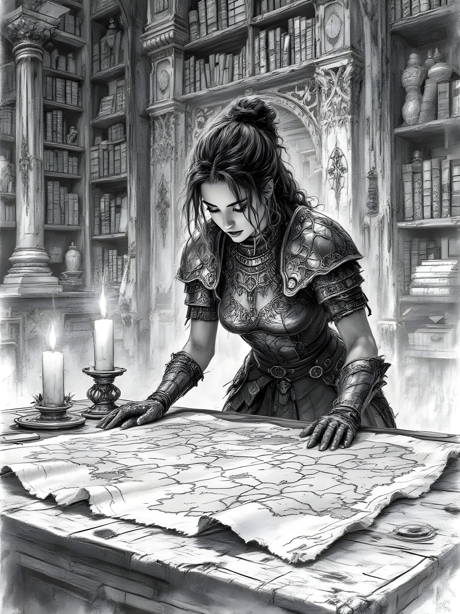 Female Adventurer Studies Map in Pencil Sketch Style