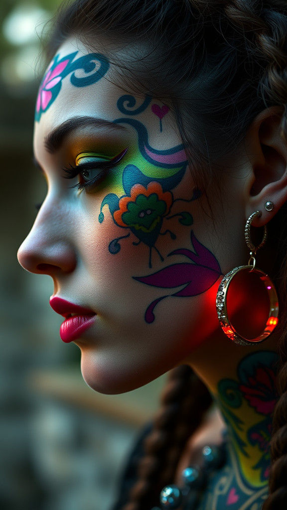 Neon Tattoo Portrait with Piercings in Hyperrealistic Style