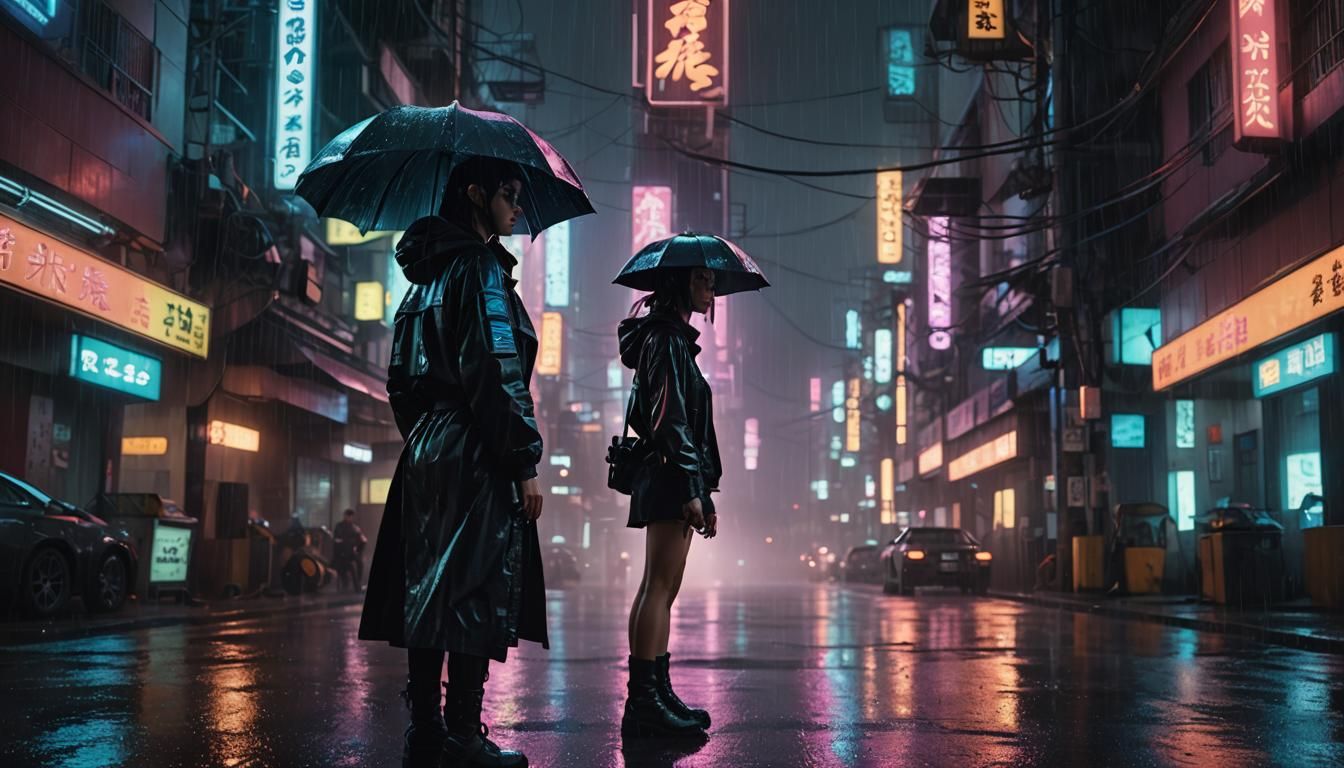 Rainy Evening in Neon-Lit Cyberpunk Hawaii