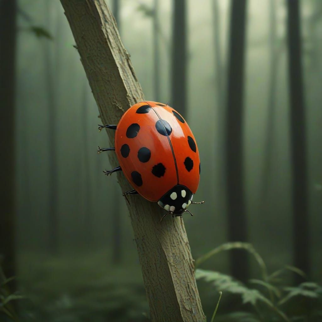 Surreal Ladybug Sighs in Dreamlike Forest