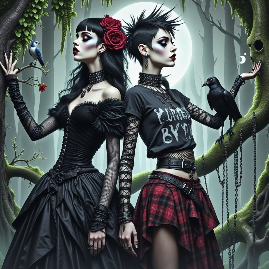 Mystical Goth Twins in Moonlit Forest