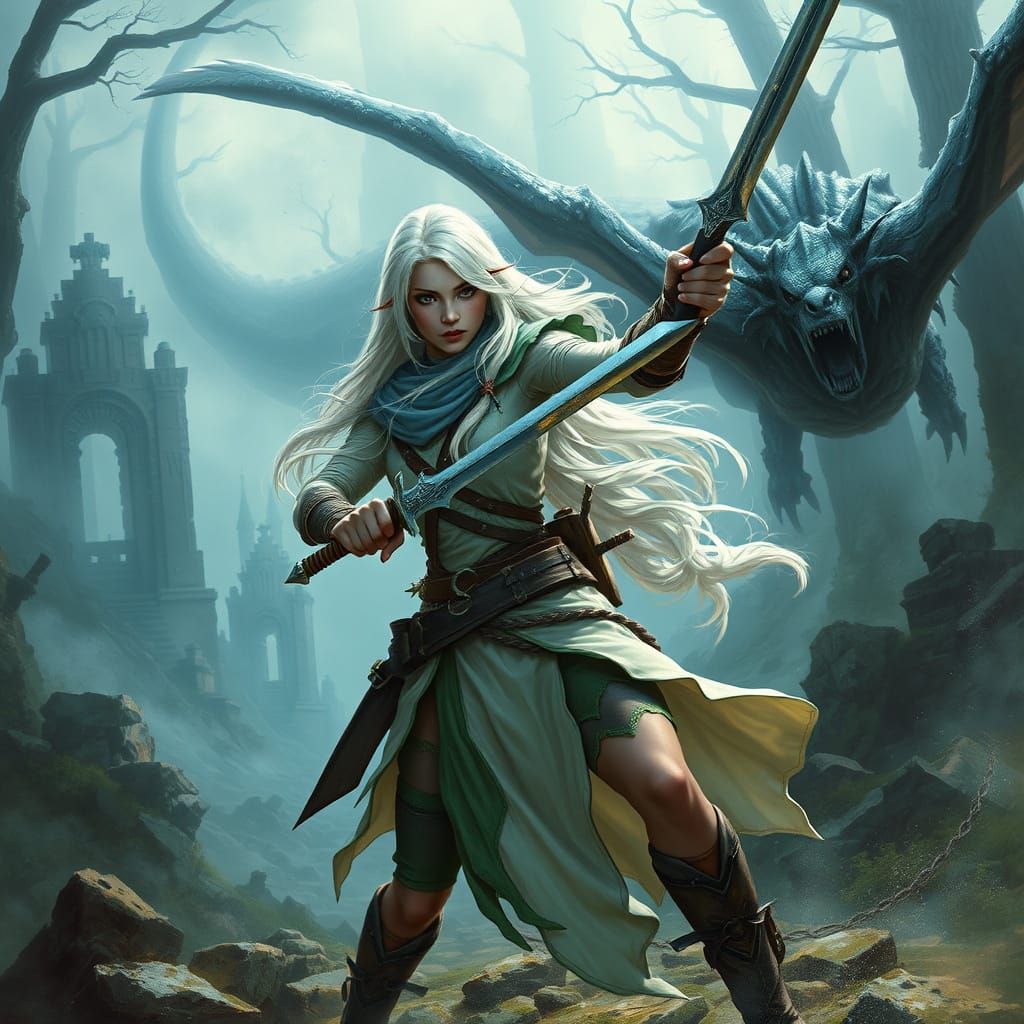 Ethereal Female Warrior Battles Undead Dragon in Ancient Rui...