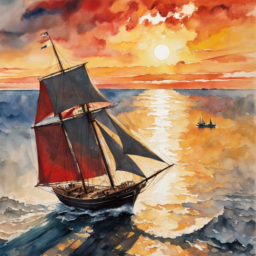 Surreal Sunset Schooner Masterpiece in Gouache Style