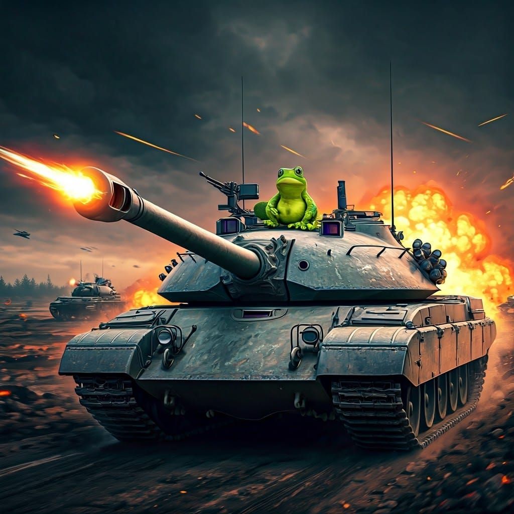 War-Torn Tank in Hyper-Realistic Style with Frog Plushie