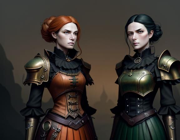 Steampunk Twins in Time Machine: Dark Fantasy Art