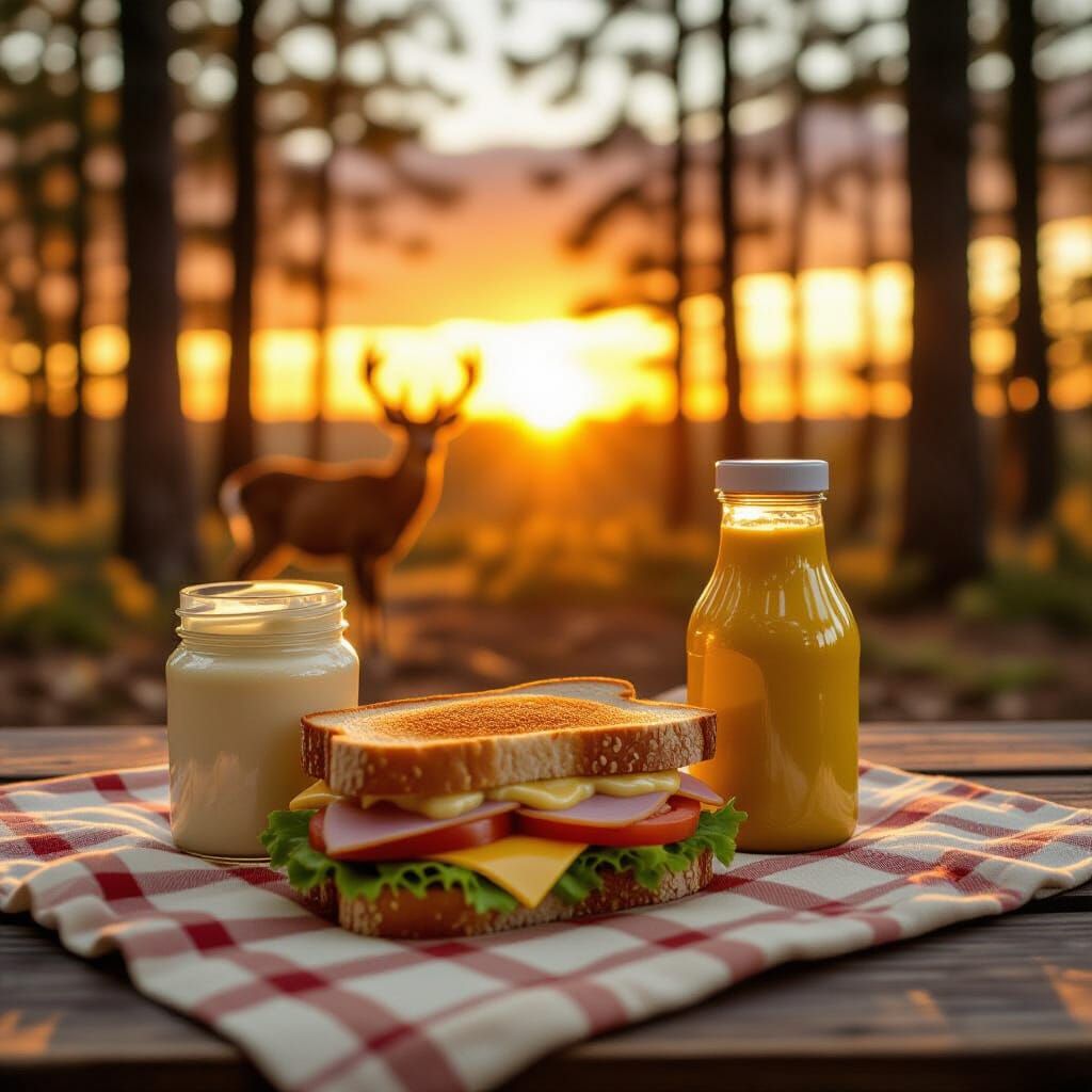Surreal Sandwich Picnic in the Woods at Sunrise