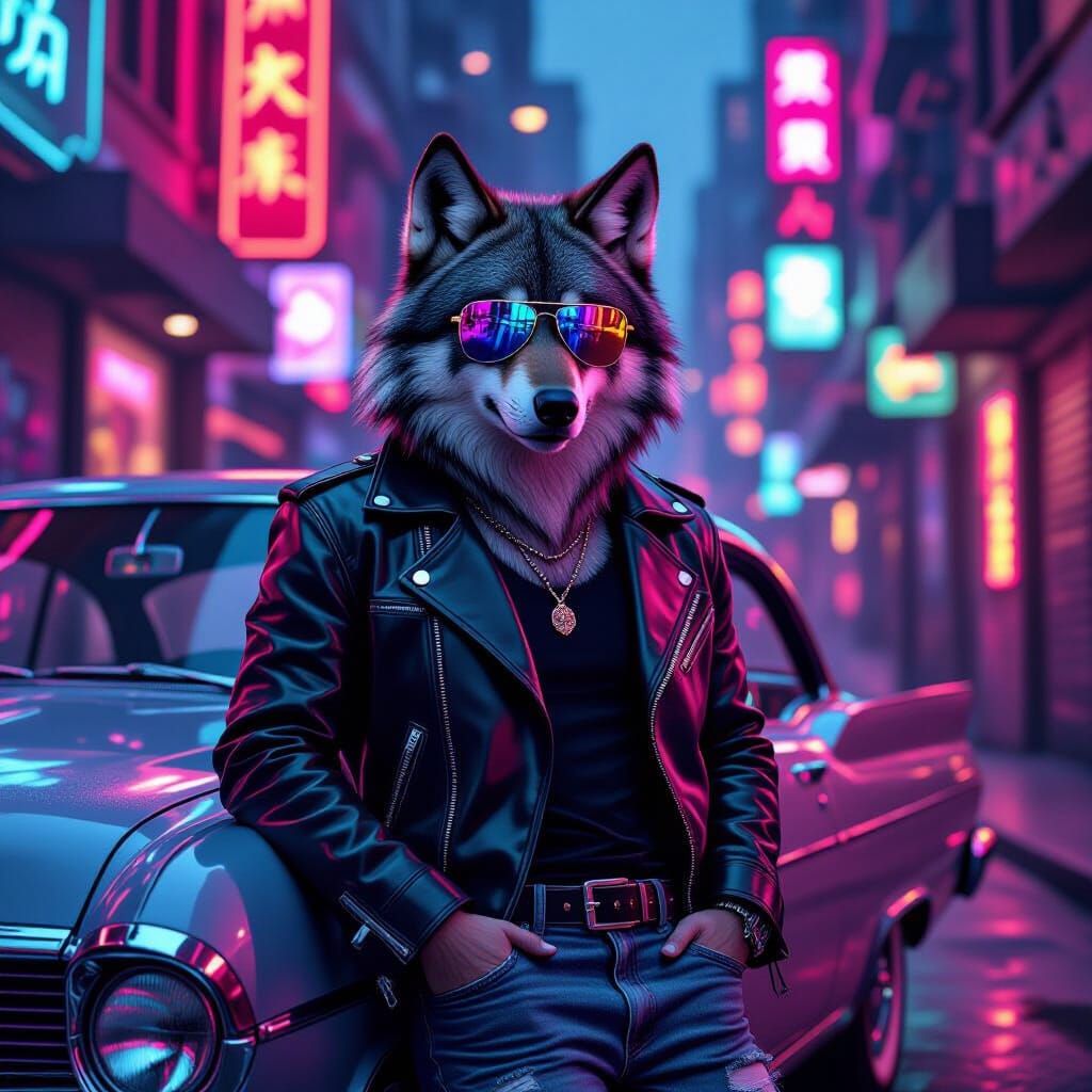 Cool Wolf Leans on Car in Neon Cityscape