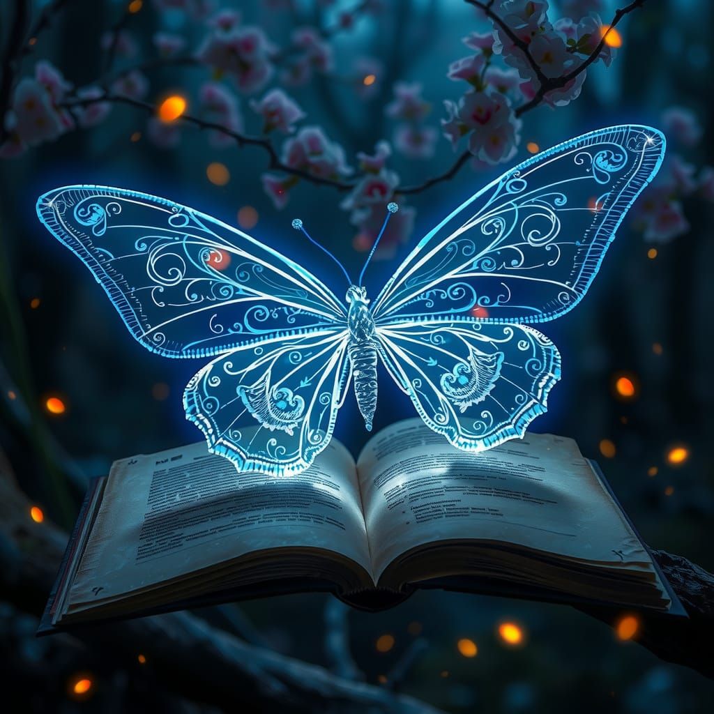 Glowing Crystal Butterfly in Dark Mystical Forest
