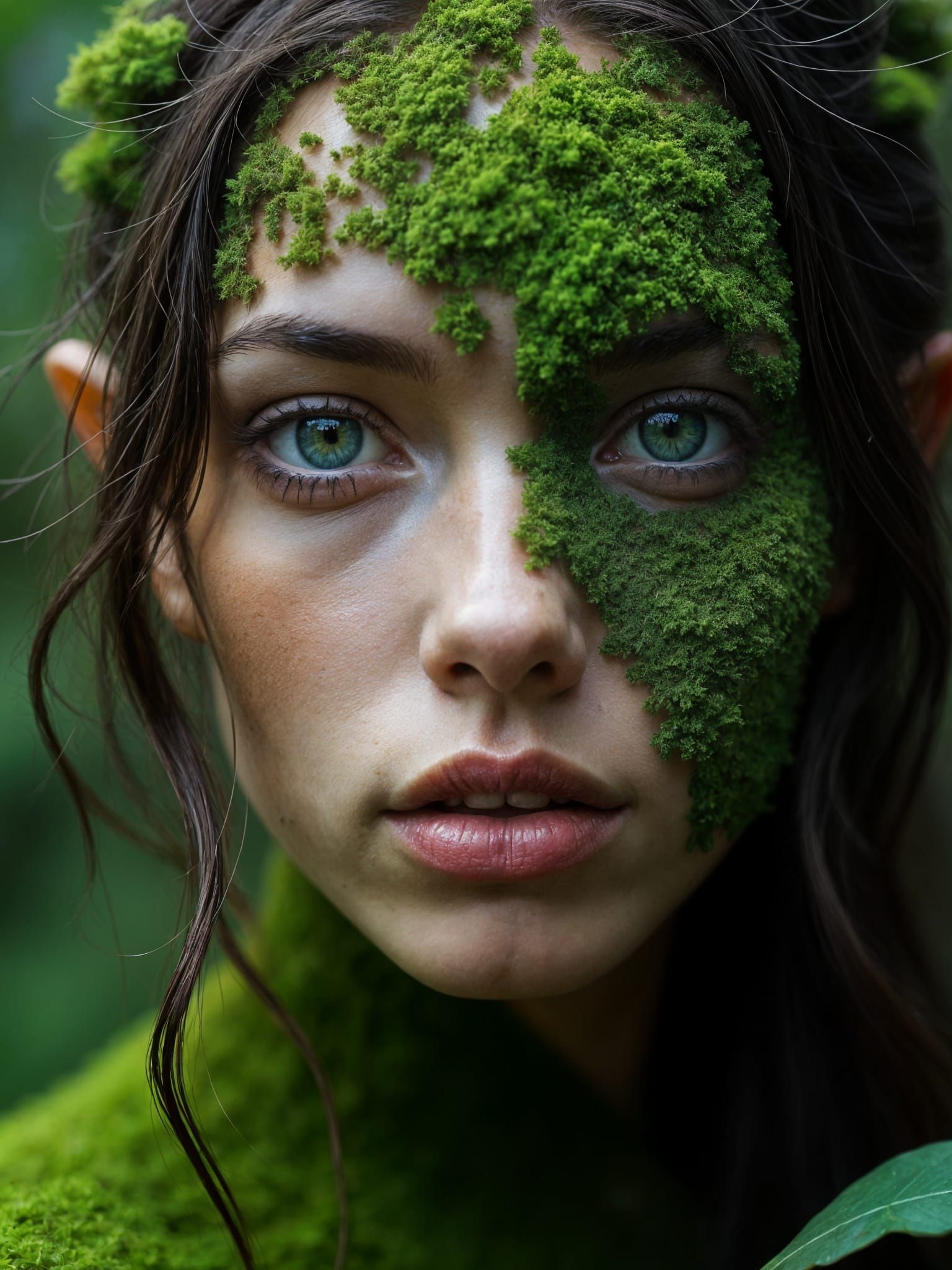 Stunning Elf Woman Portrait with Moss and Bracken
