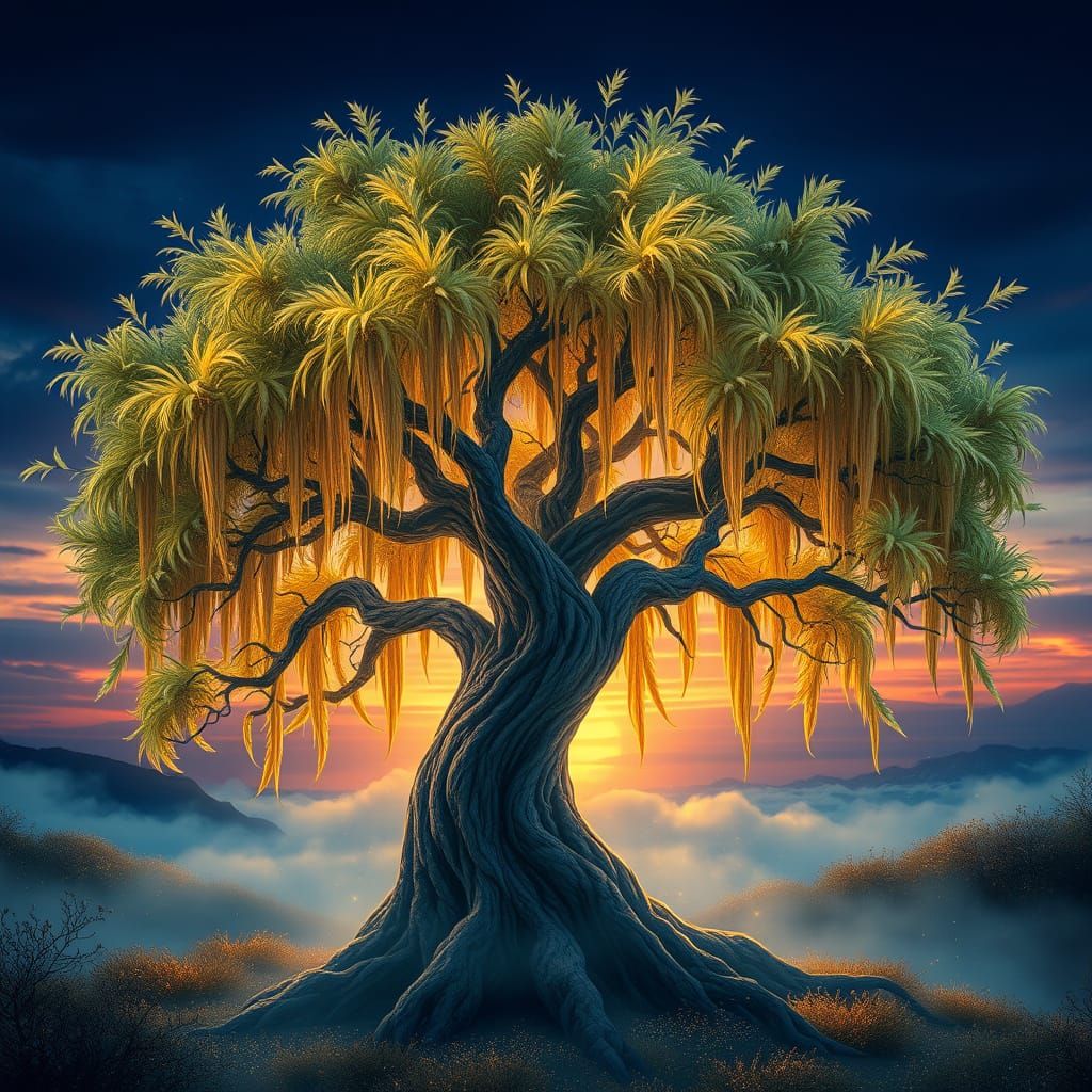 Ancient Tree Illuminated by Ethereal Sunset
