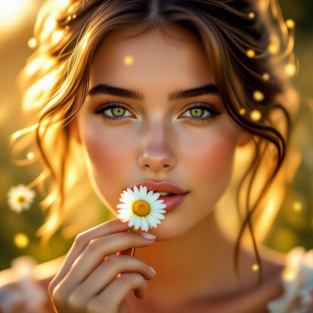 Dreamy Woman Portrait with Chamomile Flower in Golden Light