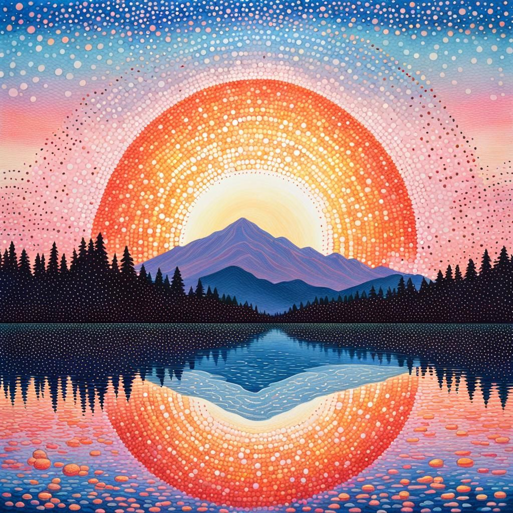 Pointillist Sunset Over Serene Lake in Impressionistic Style