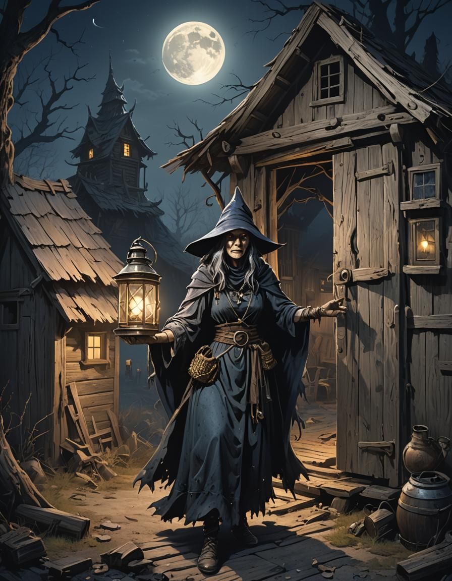 Witch with Magic Lantern in Dark Fantasy Style
