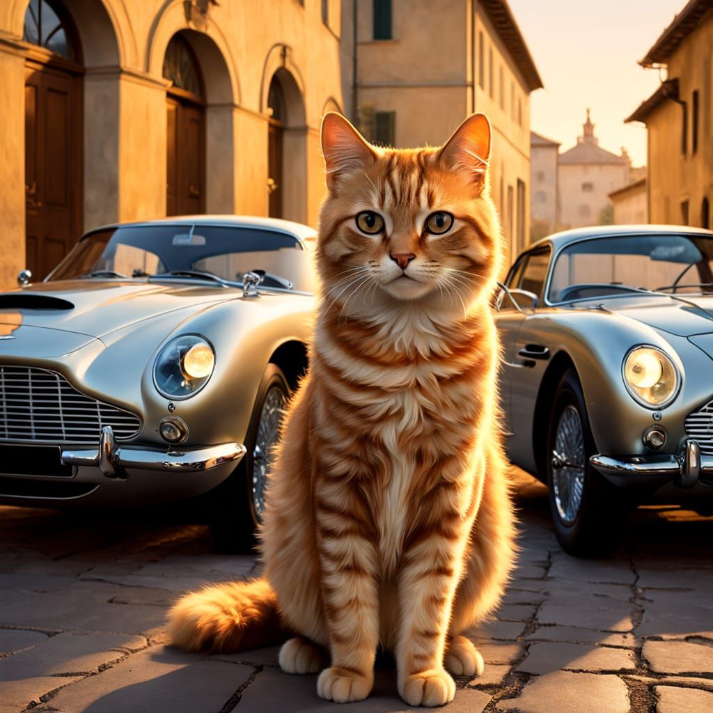Cat and Aston Martin: An Art Deco Oil Painting