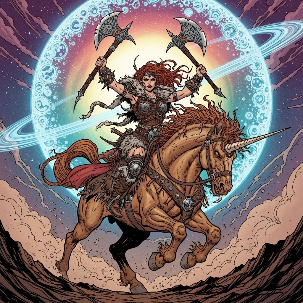 Barbarian Woman on Unicorn in Comic Book Style