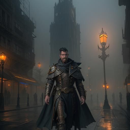 Steampunk Man in Foggy City, Fantasy Art