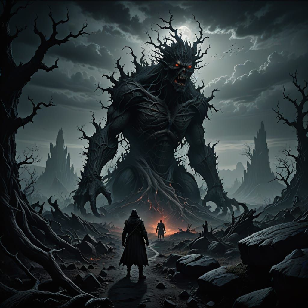 Grotesque Horror Figure Dominates Dark Fantasy Landscape