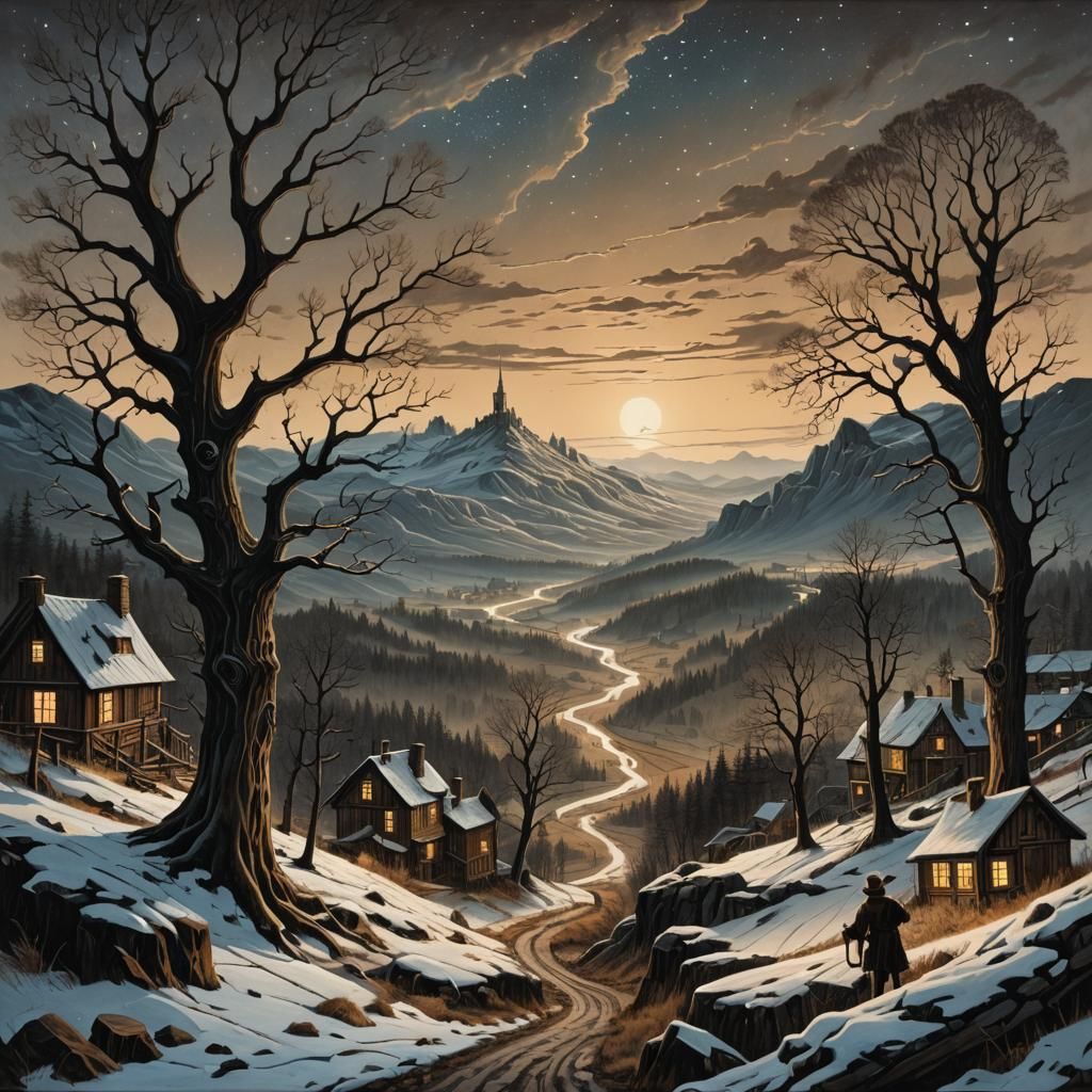 Starlit Midnight Valley in Naive Geometric Style