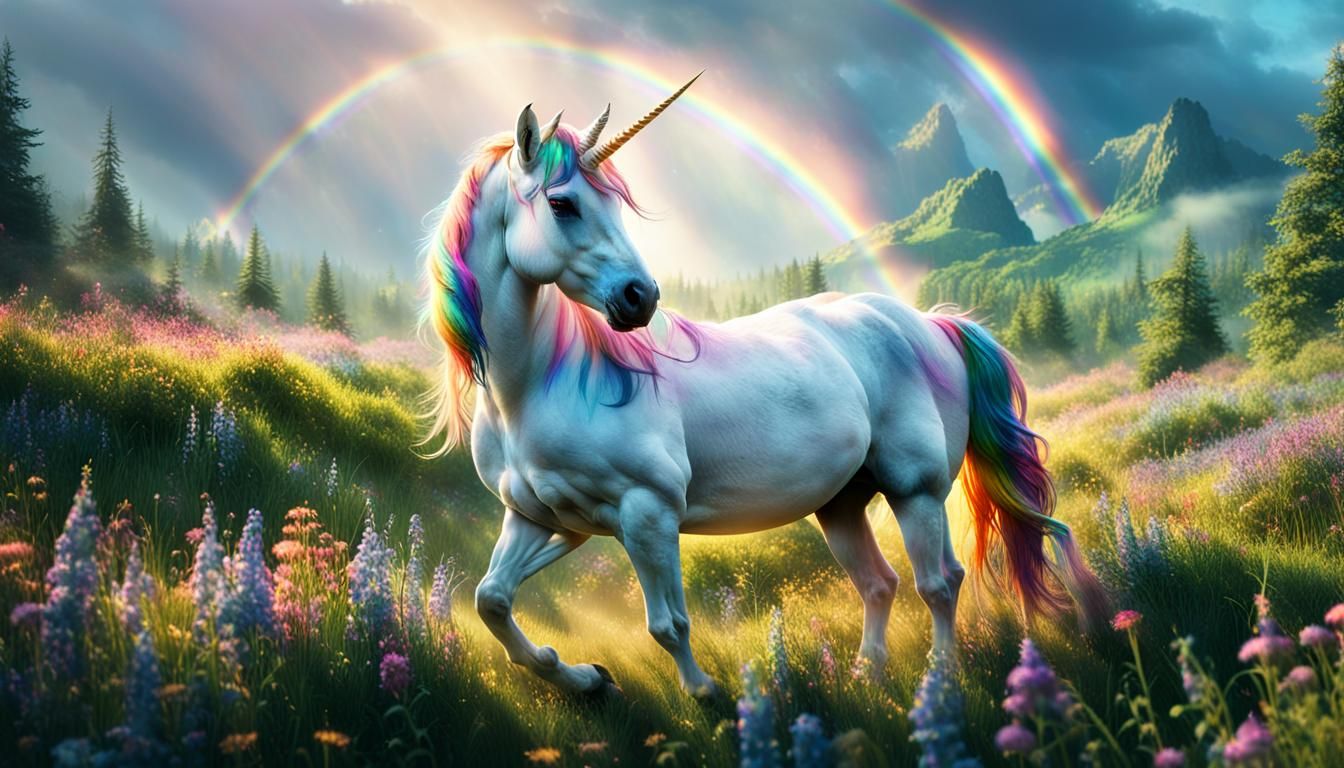 Majestic Unicorn in Rainbow Meadow: HDR Cinematic