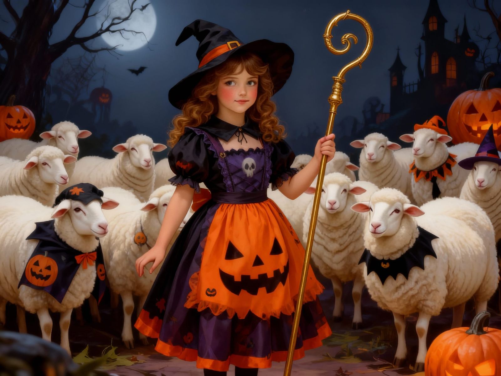 Halloween Scene With Costumed Girl and Sheep