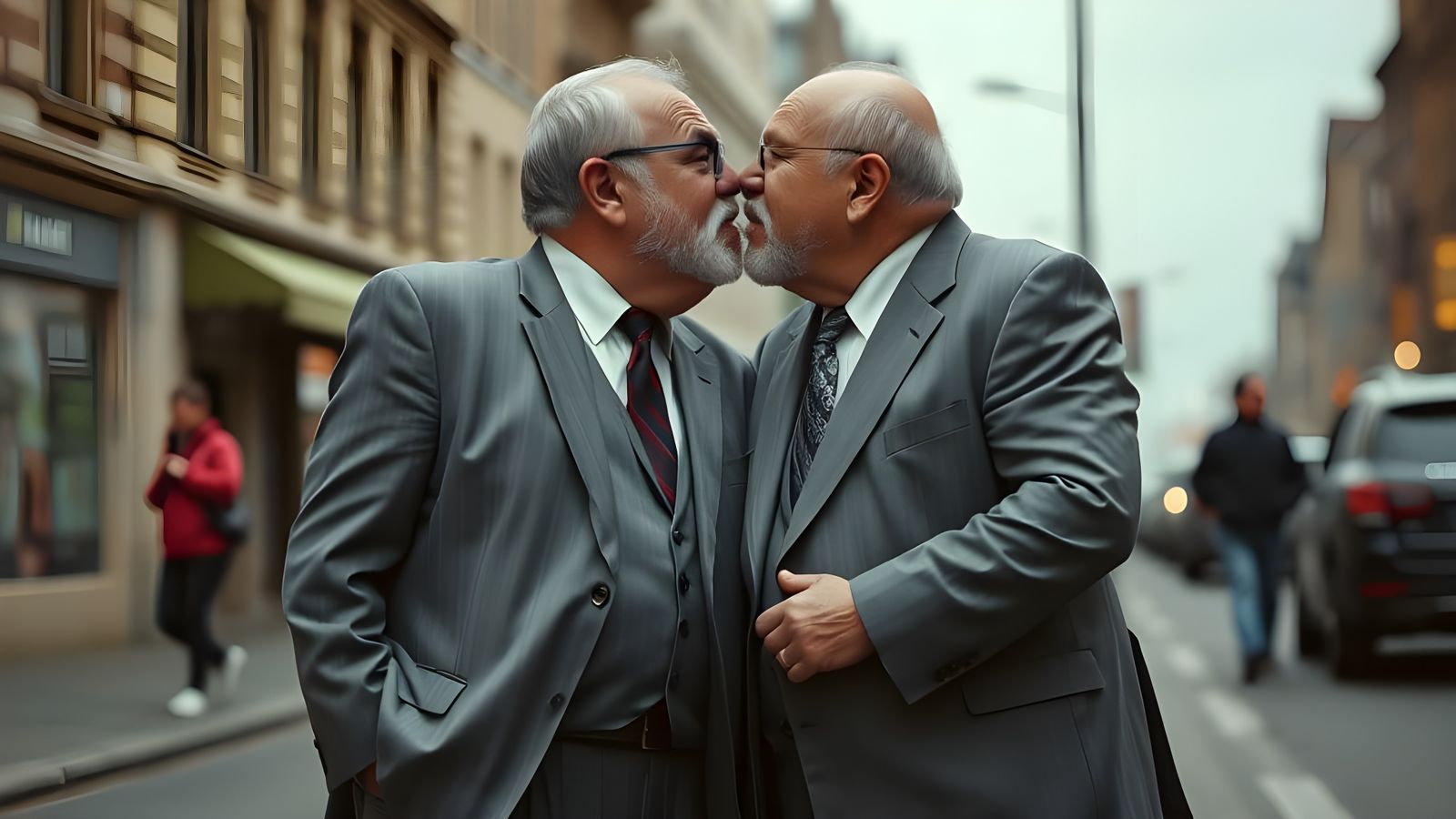 Two chubby old men in grey suit kissing on the street