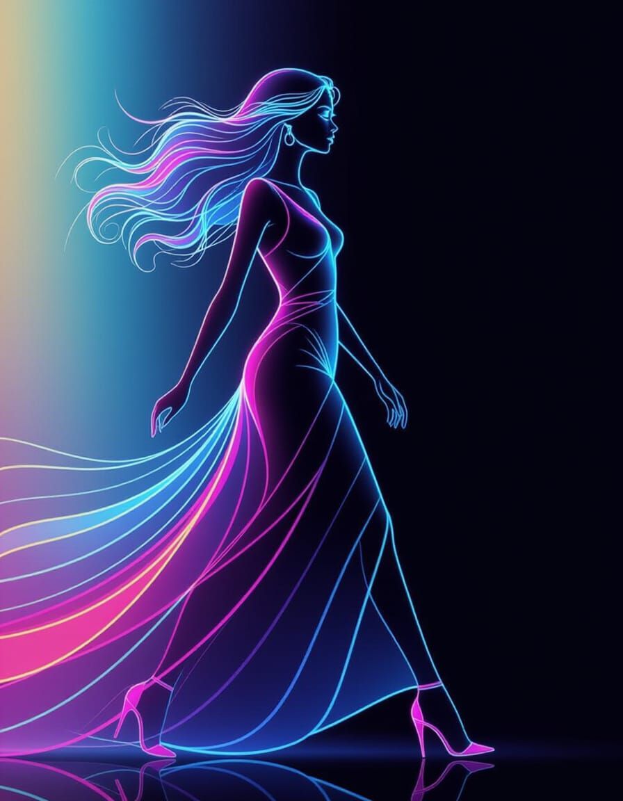 Neon-Lit Woman Walking Gracefully in Stylized Silhouette