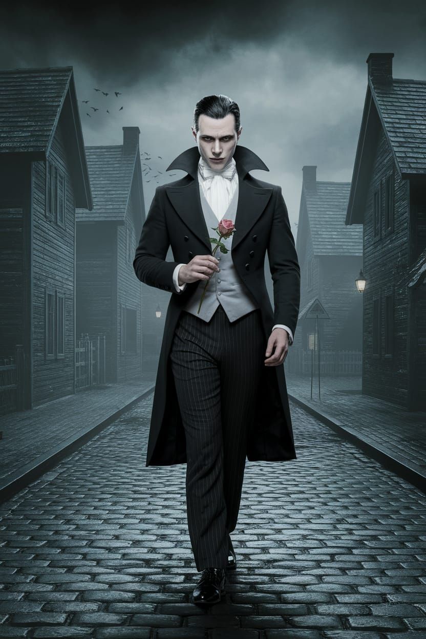 Dapper Vampire in Foggy Gothic Village