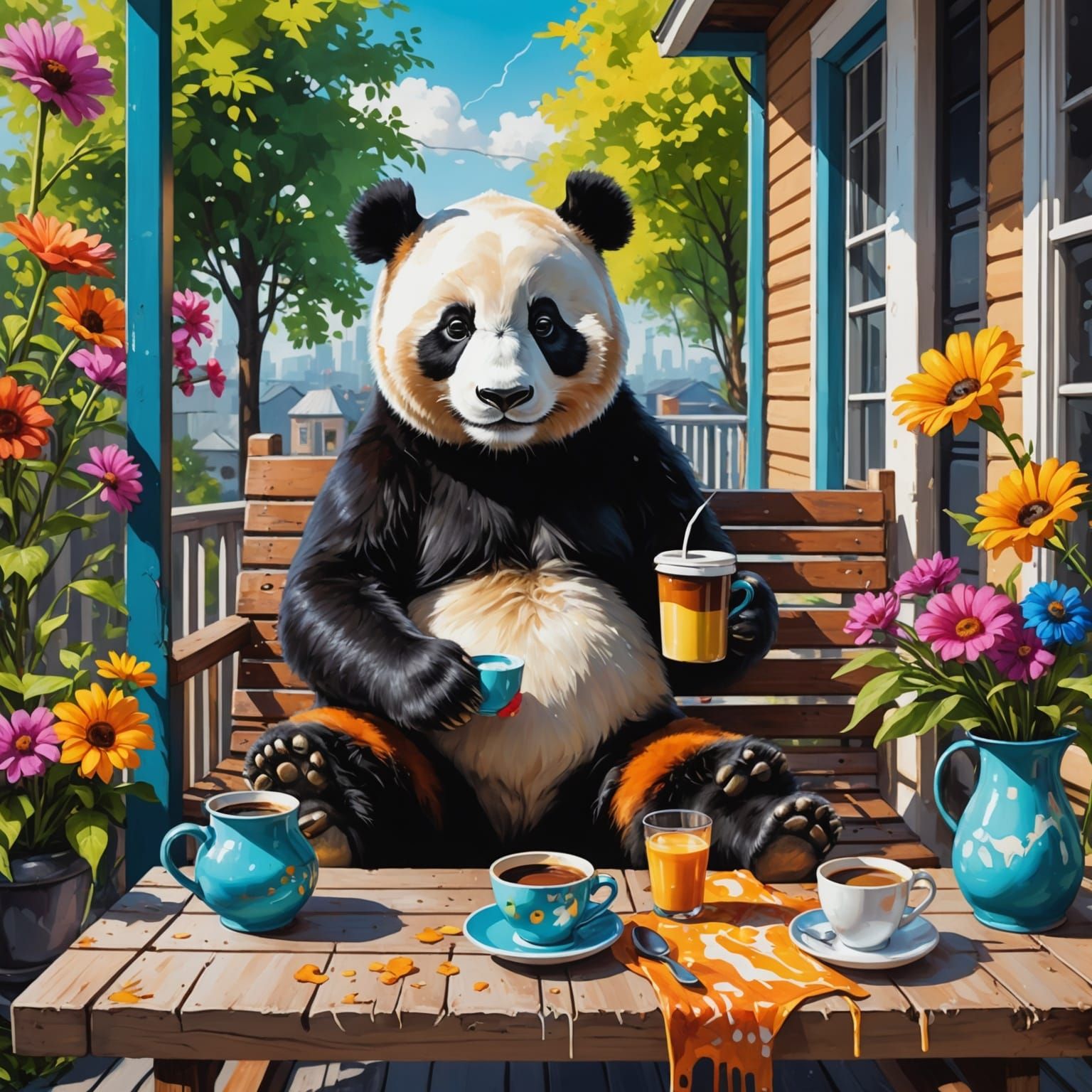 Panda's Sunny Morning: Graffiti Art Breakfast Scene