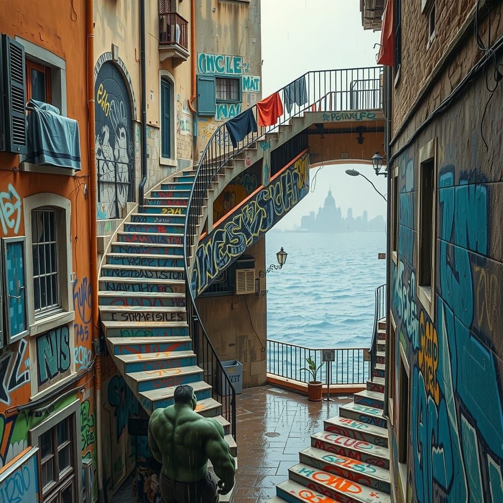 Surreal Cityscape with Twisting Stairs and Hulk in Rainy Nap...