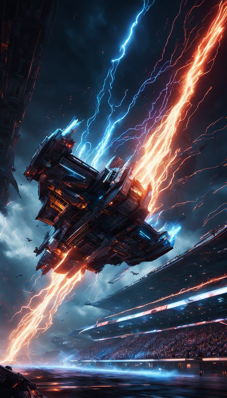 Futuristic Spaceships Collide Above Cyber Arena