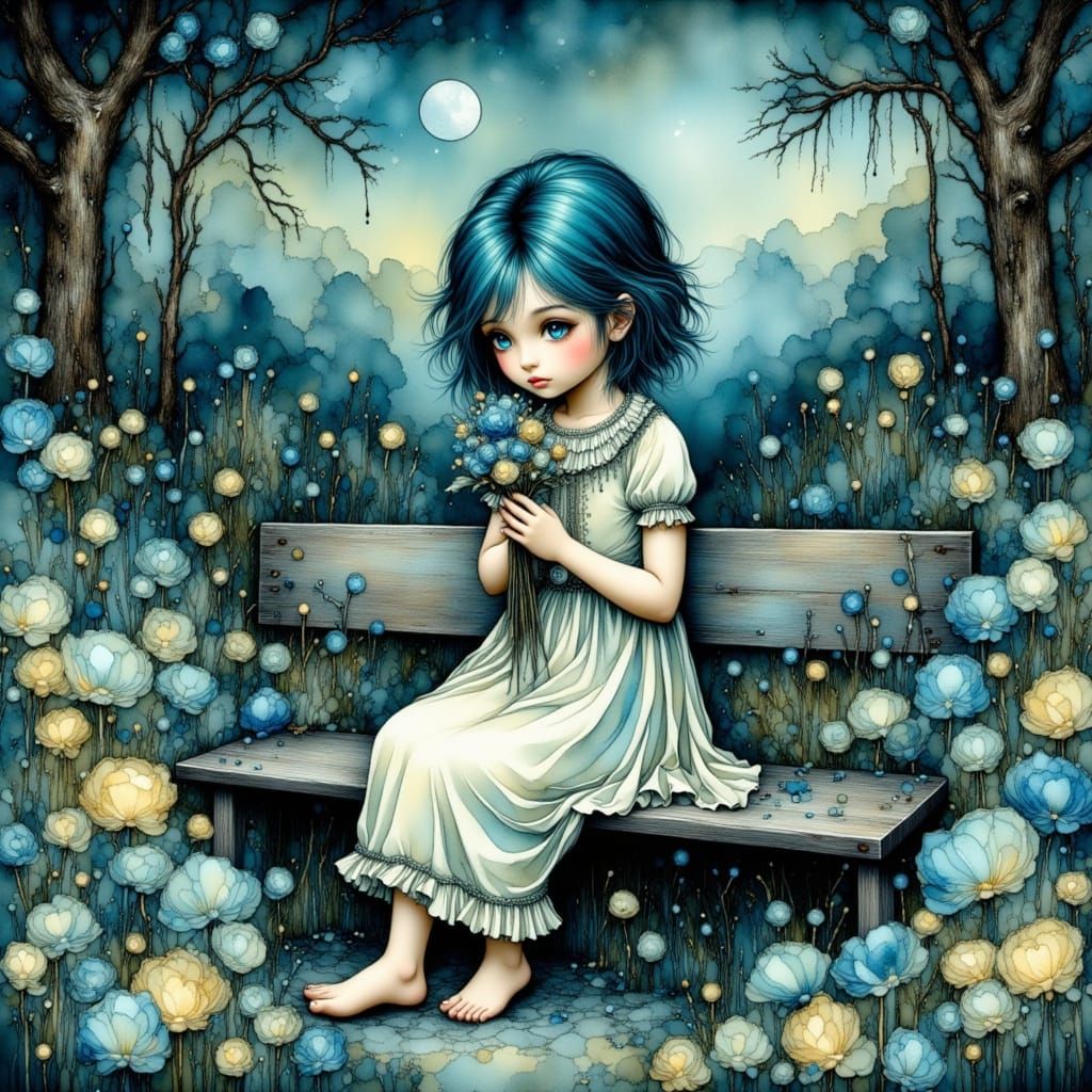 Stylized Girl with Teal Hair in Moonlit Garden