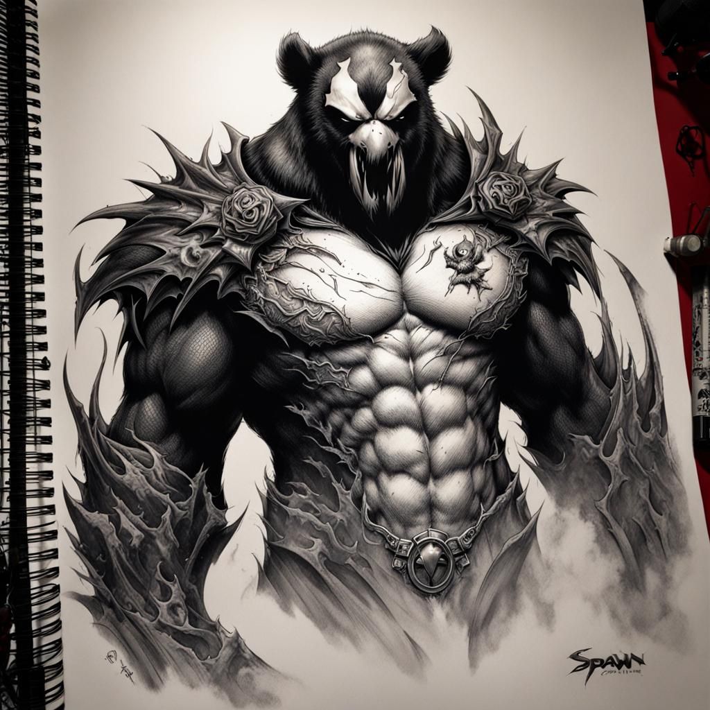 Photorealistic Tattooed Bear in McFarlane Style