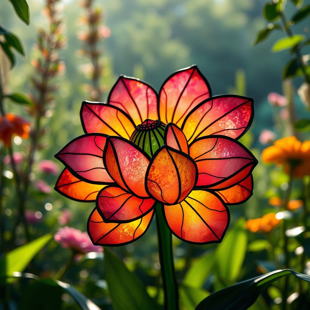 Glowing Stained Glass Flower in Ethereal Garden