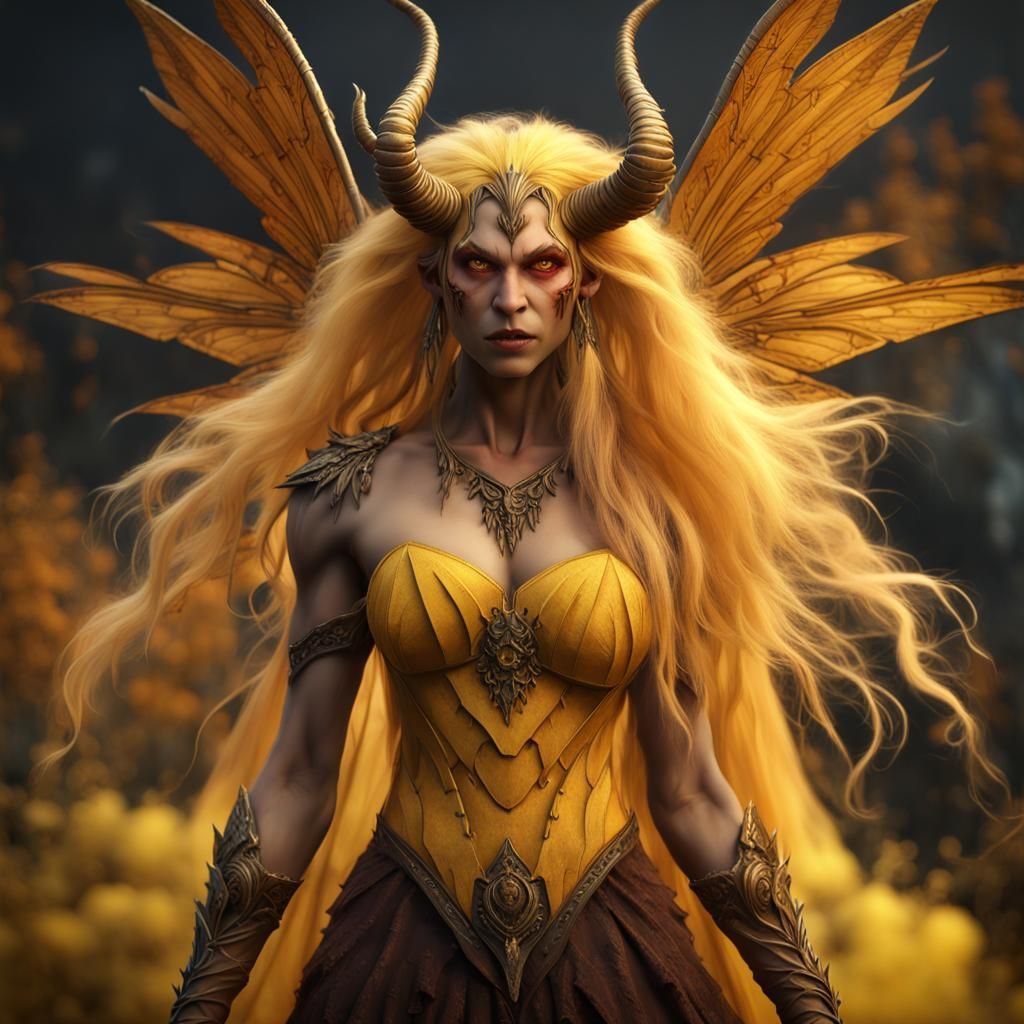 Muscular Lion-Headed Fairy with Wings and Yellow Hair
