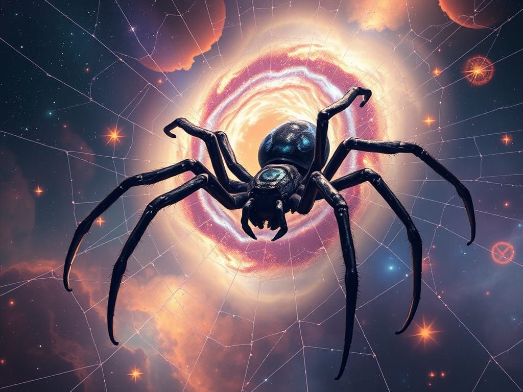 Ethereal Spider Weaving Starlight Between Nebulae