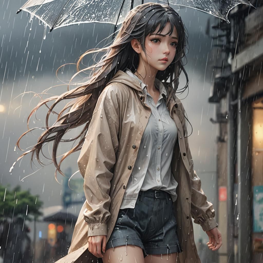 Anime Woman in Rain: Watercolor-Inspired 3D Art