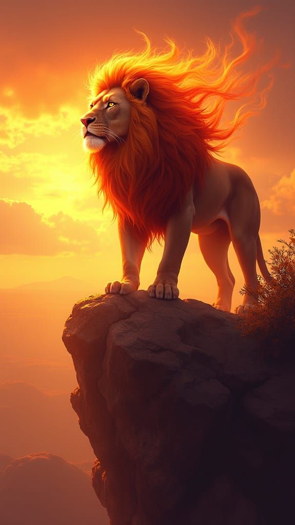 Lion with Fiery Mane Overlooking Savannah: Digital Art