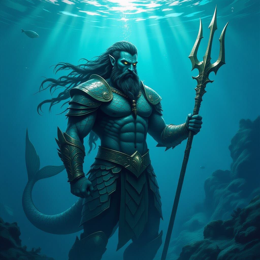 Merman Warrior in Underwater Kingdom, Digital Art