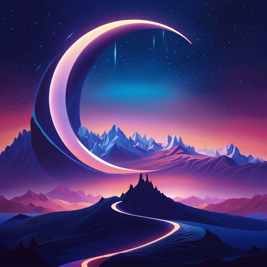 Surreal Crescent Moon Landscape in Photorealistic Style
