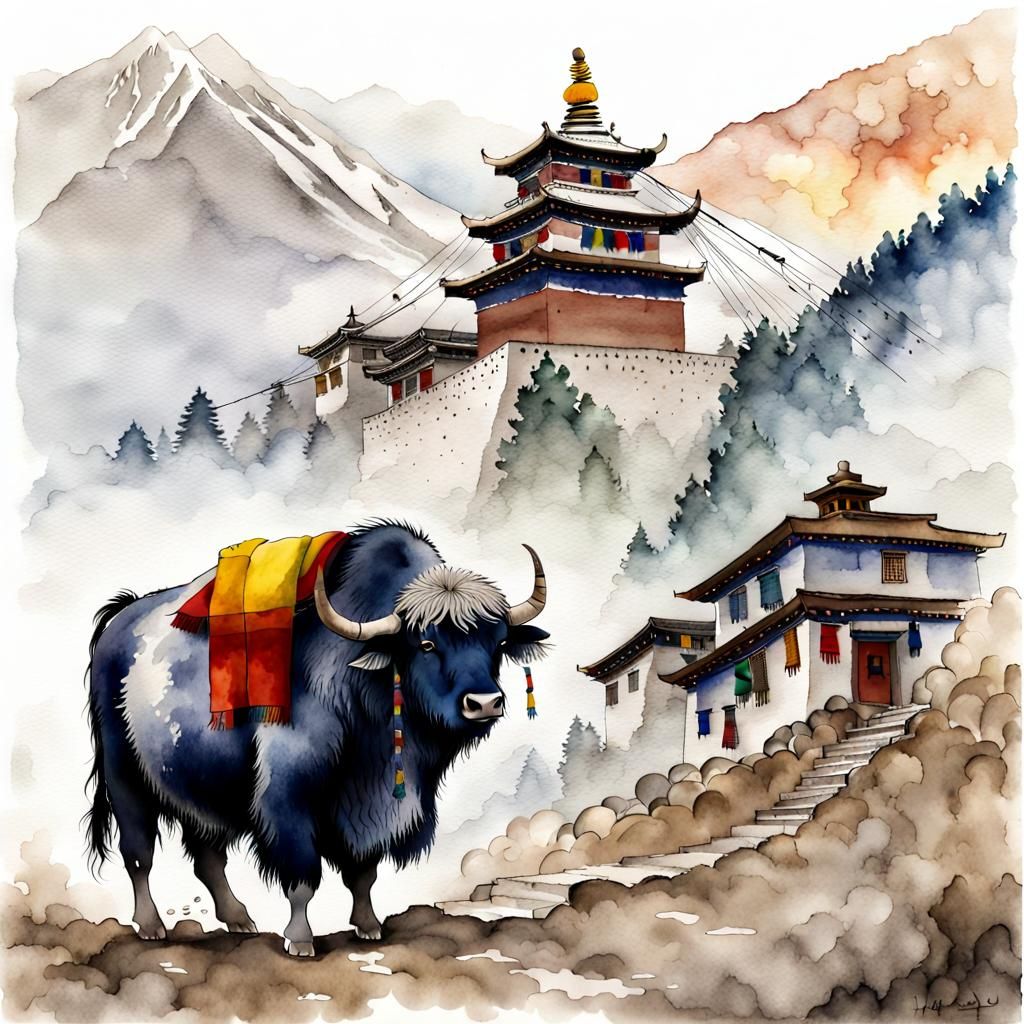 Yak by Chorten in Tibet: Hokusai Watercolor