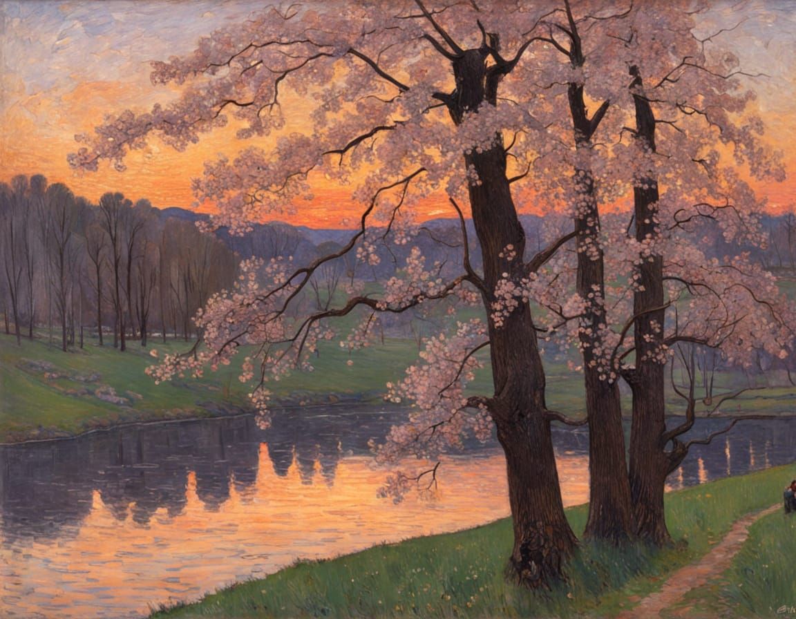 Vibrant Spring Trees Reflecting in a Sunset River