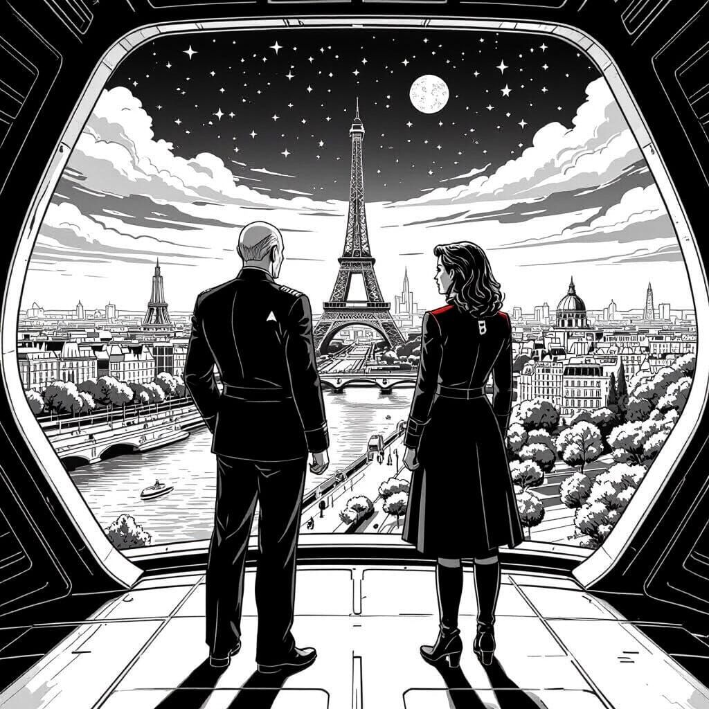 Star Trek Captains Overlook Futuristic Paris in Line Art