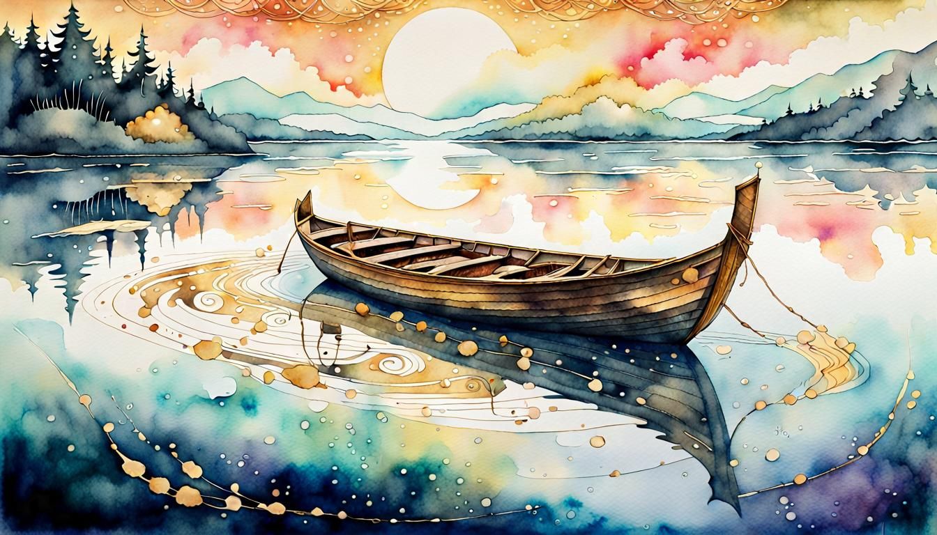 Dreamlike Boat on Serene Lake as Watercolor Art