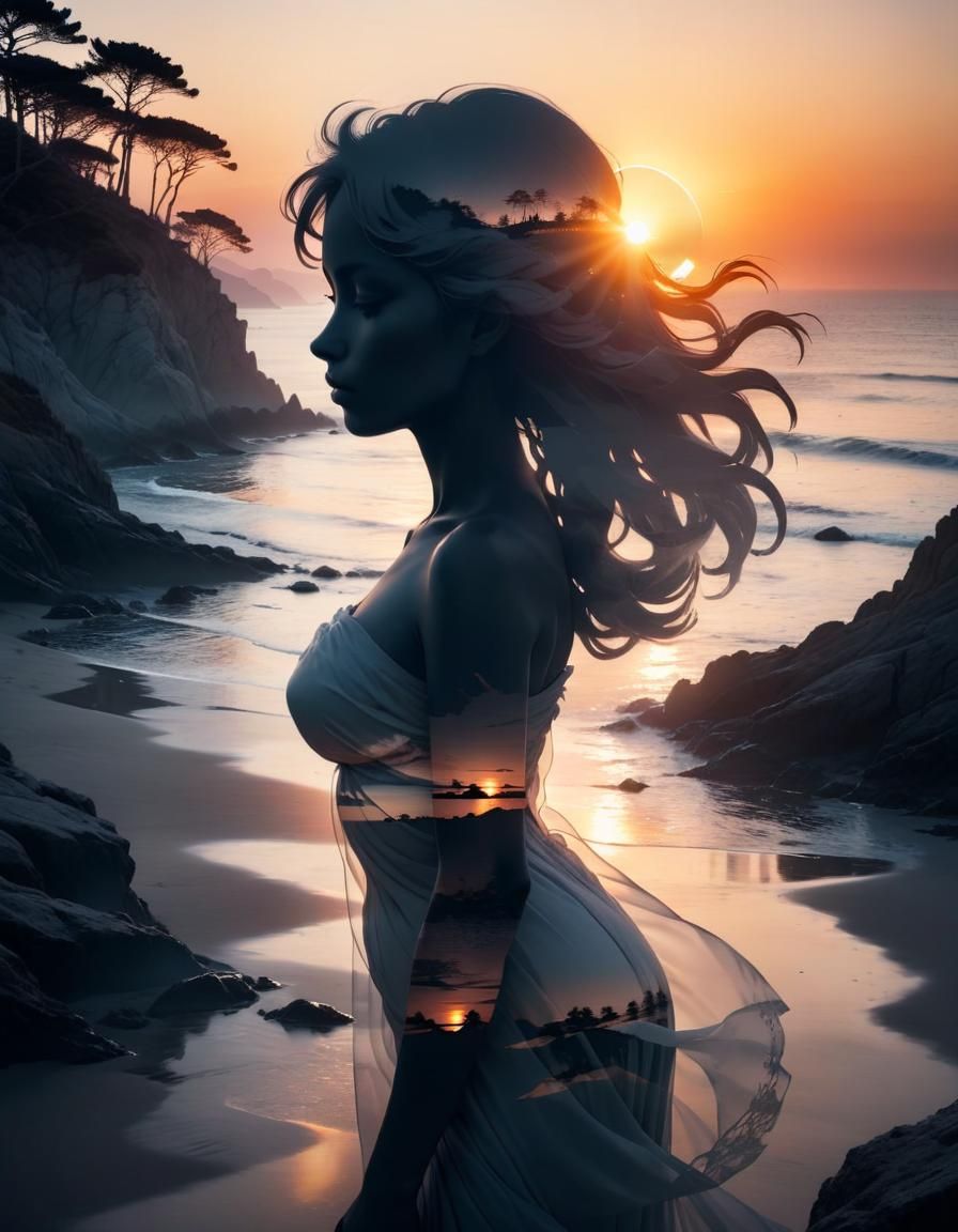 Goddess Silhouette Double Exposure with Sunset Coast