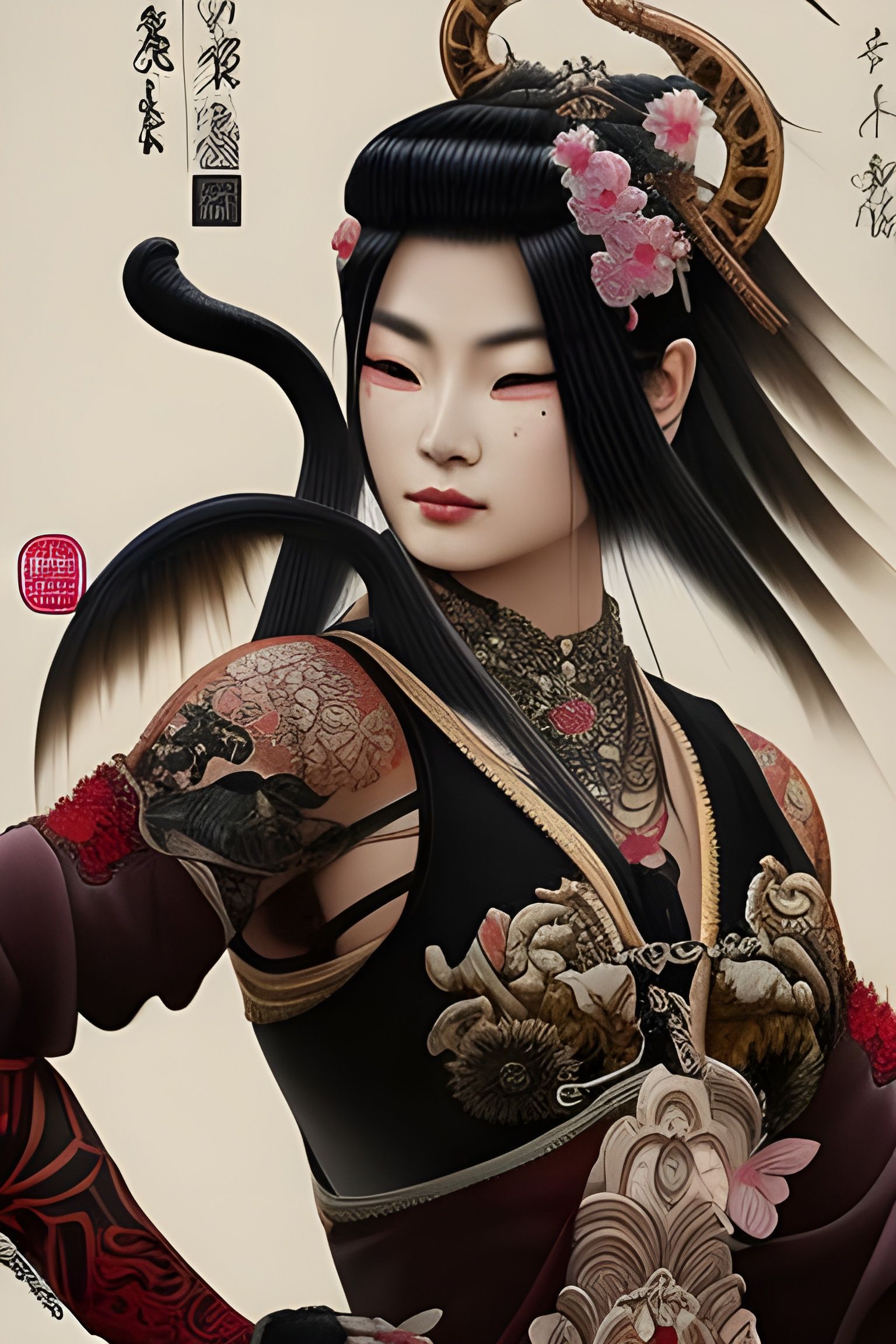 Demonic Samurai Cat in Cherry Blossom Sketch