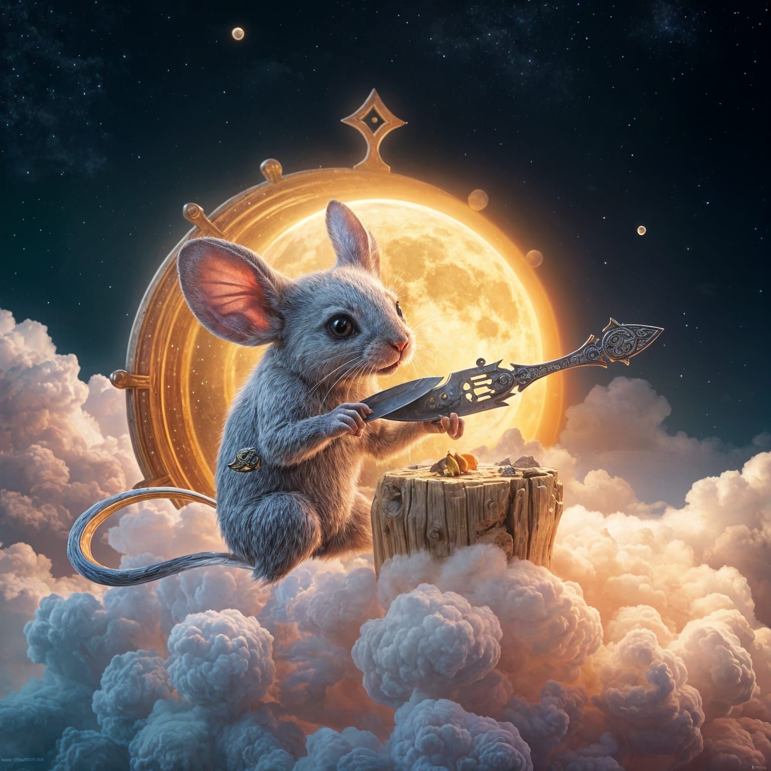 Giant Mouse Devours Cheesecake Moon in Vibrant Fantasy Scene