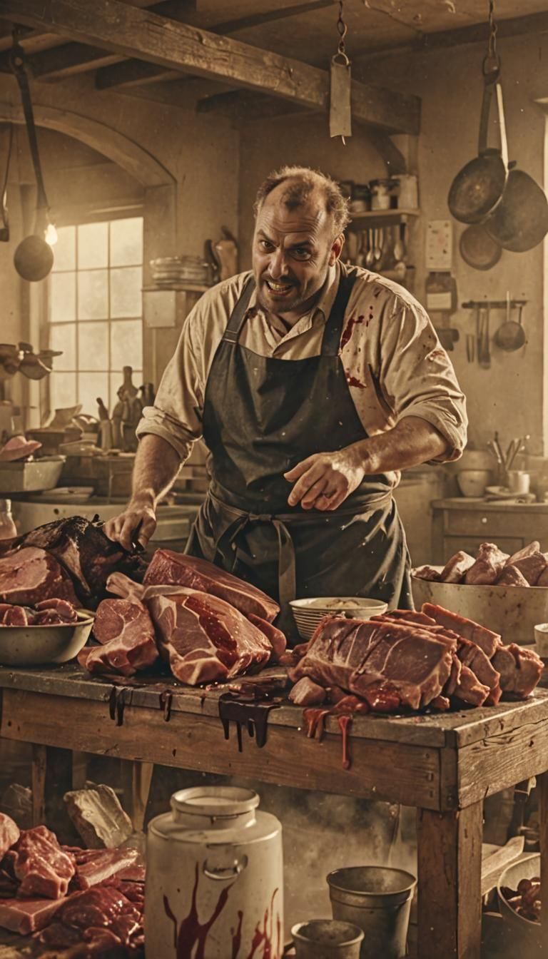 1920s Butcher: Sepia Portrait with Meat Still Life
