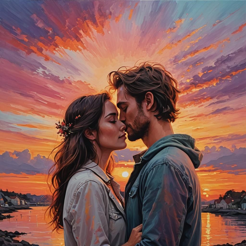 Romantic Couple Gaze at Sunset as Impasto Painting
